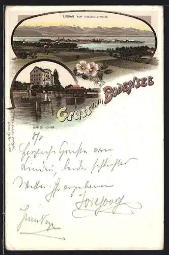 Lithographie Lindau am Bodensee, Ortsansicht vom Aussichtsturm, Bad Schachen