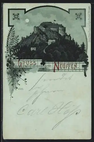 Mondschein-Lithographie Neuffen, Ansicht der Burg bei Nacht