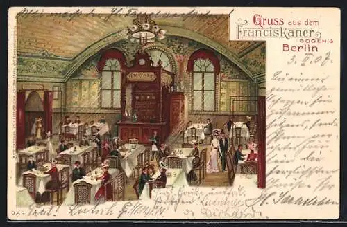 Lithographie Berlin, Gasthaus Franciskaner, Innenansicht, Bogen 6 am Bahnhof Friedrichstrasse