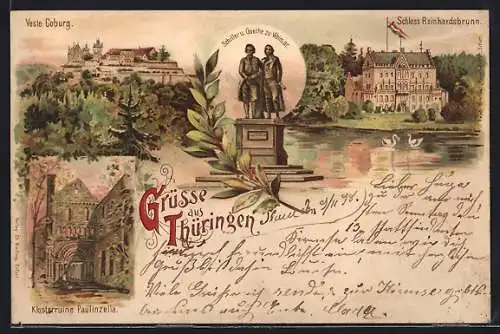 Lithographie Coburg, Veste Coburg, Klosterruine Paulinzella, Schloss Reinhardsbrunn, Schiller & Goethe-Denkmal