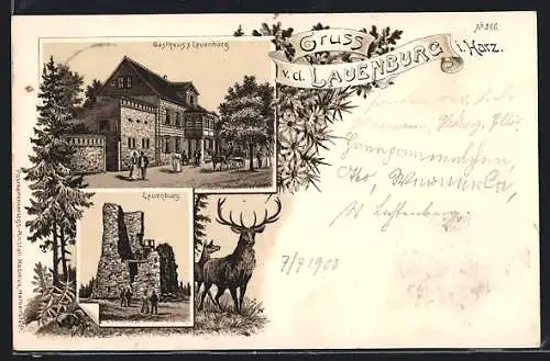 Lithographie Suderode, Gasthaus Lauenburg, Ruine Lauenburg