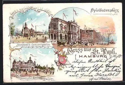 Lithographie Hamburg-St. Pauli, Hotel Central am Spielhuderplatz, Hornhardt`s Concertgarten