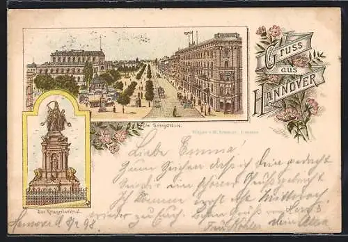 Lithographie Hannover, Georgstrasse mit Strassenbahn, Kriegerdenkmal