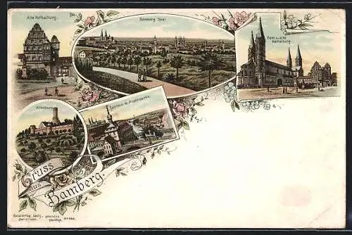 Lithographie Bamberg, Rathaus, Altenburg, Dom u. alte Hofhaltung
