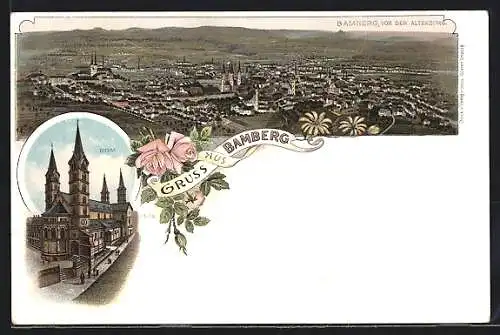 Lithographie Bamberg, Stadtansicht von der Altenburg aus, Dom