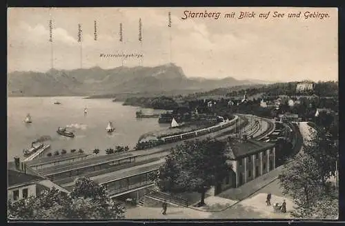 AK Starnberg, Bahnhof mit Blick auf See und Gebirge: Zugspitze, Hochwanner und Teufelsgrat