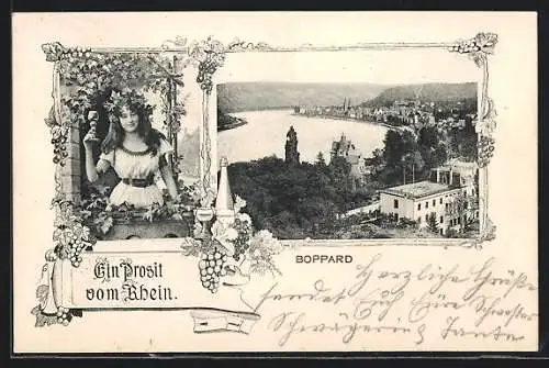 AK Boppard, Panorama mit Schloss, Frau mit Weinglas