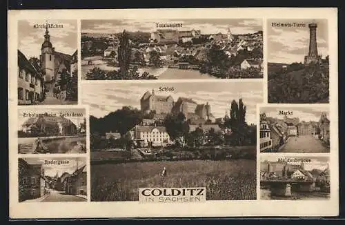 AK Colditz, Badergasse, Kirchgässchen, Muldenbrücke, Heimats-Turm