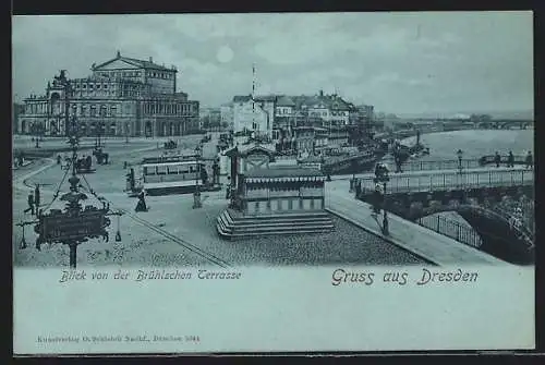 Mondschein-AK Dresden, Blick von der Brühlschen Terrasse mit Strassenbahn