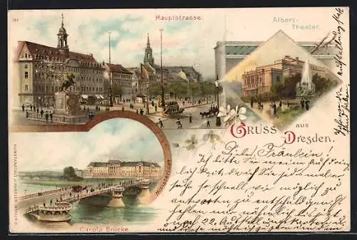 Lithographie Dresden, Hauptstrasse mit Strassenbahn, Carola Brücke, Albert-Theater