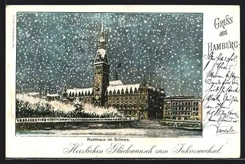 Künstler-AK Hamburg, Rathaus im Schnee, Neujahrsgruss