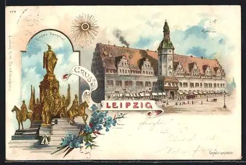 Lithographie Leipzig, Siegesdenkmal und Rathaus
