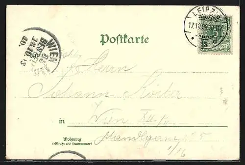 Lithographie Leipzig, Siegesdenkmal und Rathaus