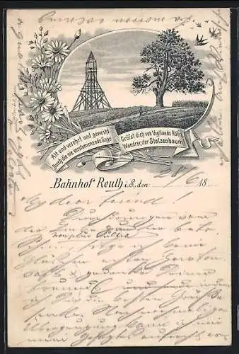 Vorläufer-Lithographie Reuth i. S., 1893, Bahnhof, Wanderer am Stelzenbaum