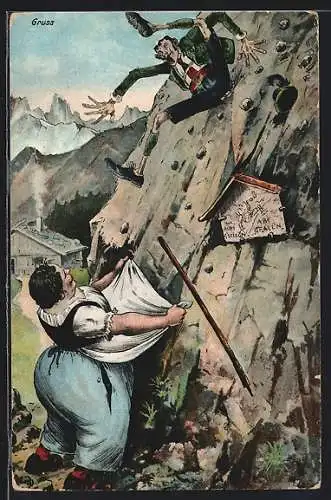 AK Almbewohnerin fängt herabfallenden Bergsteiger auf