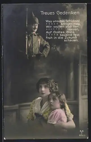 Foto-AK Zwei Mädchen gedenken ihrem Vater, dem Soldaten