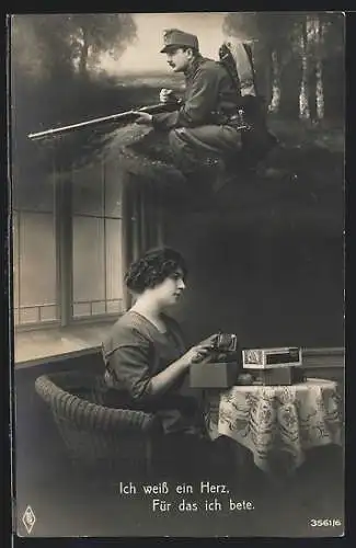 Foto-AK Frau denkt an ihren Mann, den Soldaten an der Front