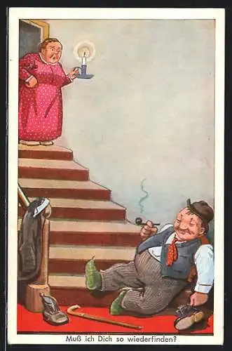 AK Frau findet ihren betrunkenen Mann am Fusse der Treppe