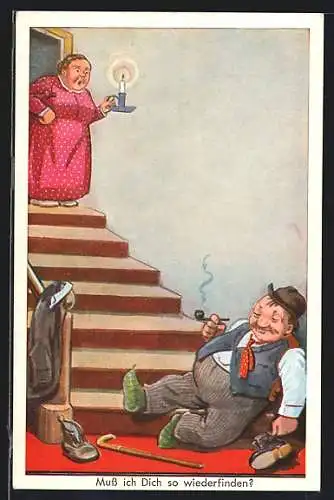 AK Frau im Nachthemd findet ihren Mann betrunken am Fuss der Treppe