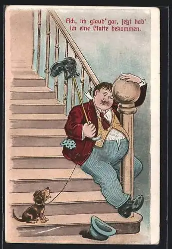 AK Mann sitzt betrunken am Fuss einer Treppe, seinen Schuh an einem Gehstock über sich haltend