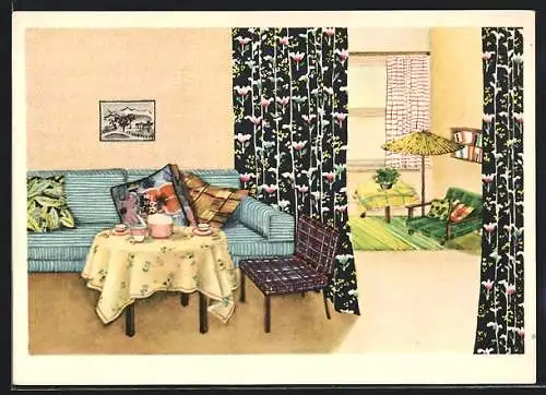 AK Wohnzimmer mit bunten Vorhängen und Kissen, Reklame für Indanthren-Stoffe