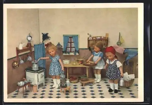 AK Puppen der Puppenmacherin Käthe Kruse backen in der Küche