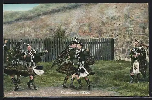 AK Four men doing the Scottish folk dance Foursome Reel, one man playing the bagpipe