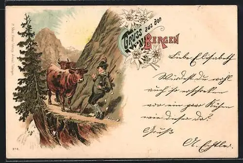 Lithographie Bergsteiger begegnet zwei Rindern auf einem schmalen Bergpfad
