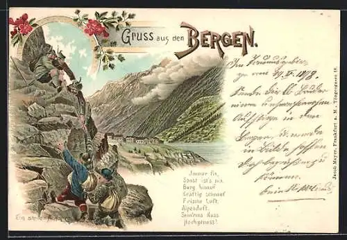 AK Gruss aus den Bergen, Ein steiler Aufstieg, Bergsteiger am Felsen