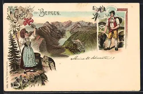 Lithographie Wandersmann und Wandersfrau in Tracht, Panorama in den Bergen