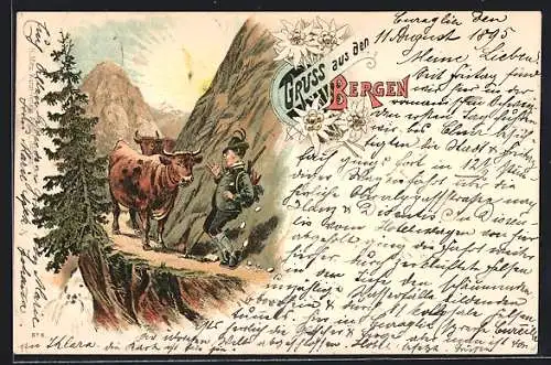 Vorläufer-Lithographie Bergsteiger trifft auf einem schmalen Bergpfad auf zwei Rinder, 1895