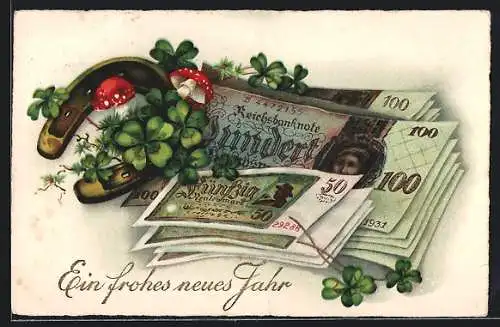 Künstler-AK Neujahrsgrüsse mit Geld, Hufeisen und Pilzen