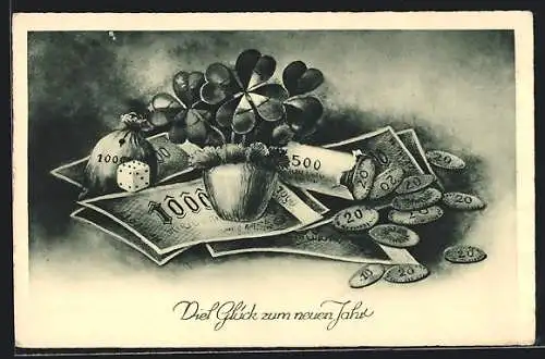 AK Geldmünzen und -scheine und vierblättrige Kleeblätter, Neujahrskarte
