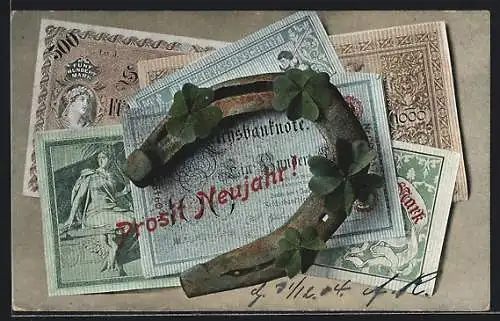 AK Geldscheine mit Hufeisen und Glücksklee