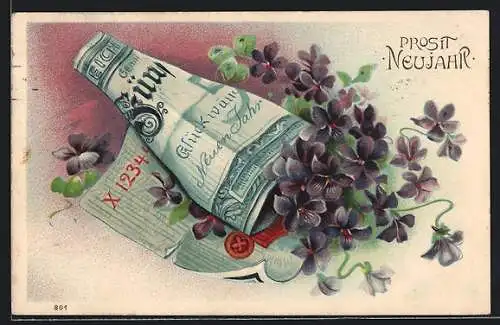 AK Gerollter Geldschein mit Veilchen, Geburtstagsgruss