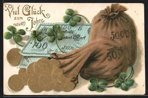 Präge-AK Geldbeutel mit goldenen Münzen, Geldnoten und vierblättrige Kleeblätter, Neujahrskarte