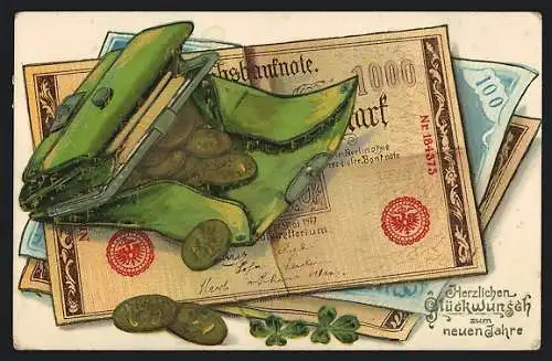 AK Herzlichen Glückwunsch zum neuen Jahre, Geldbörse mit Münzen und Banknoten