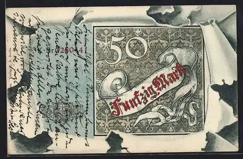 Lithographie 50 Mark-Schein auf zerissenem Papier, Wappen
