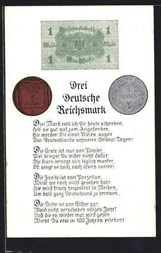 AK Geld, Drei Deutsche Reichsmark, Münzen