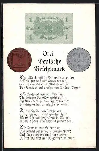 AK Geld, Drei Deutsche Reichsmark, Münzen