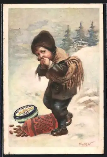 AK Kind mit Kaiser`s Brust-Caramellen im Schnee, Medikament
