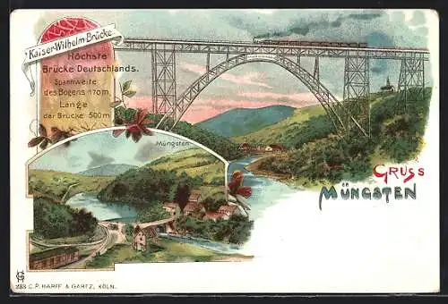 Lithographie Müngsten, Kaiser Wilhelm-Brücke, Teilansicht mit Gebirge