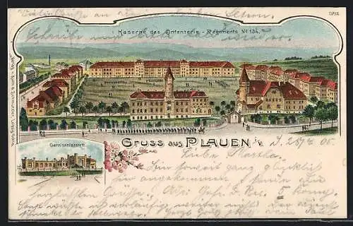 Lithographie Plauen i. V., Kaserne des Infanterie-Regiements Nr. 134, Garnisonlazarett