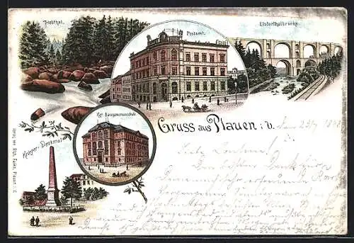 Lithographie Plauen / Vogtland, Postamt, Elsterthalbrücke, Friedhof, Kgl.Baugewerbeschule