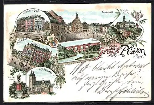 Lithographie Plauen i. Vgtl., Königliche Industrie-Schule, Hauptmarkt, Bismarck-Denkmal