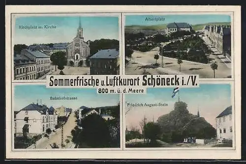 AK Schöneck / Vogtl., Kirchplatz mit Kirche, Albertplatz, Bahnhofstrasse