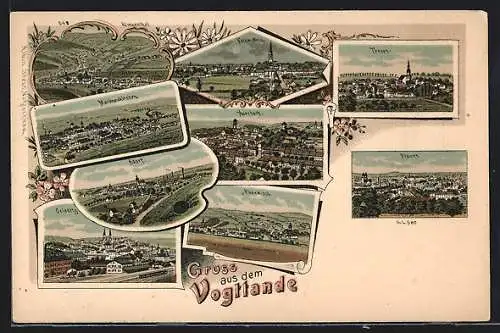 Lithographie Oelsnitz / Vogtland, Gruss aus dem Vogtland, Treuen, Adorf, Falkenstein