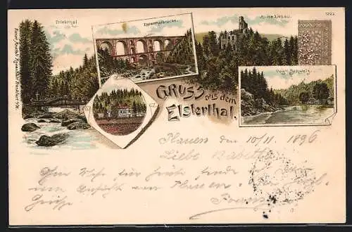 Lithographie Liebau /Voigtl. Schweiz, Ruine Liebau im Elsterthal, Triebthal, Elsterthalbrücke