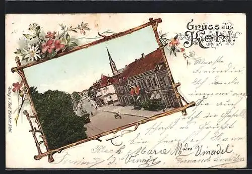 AK Kehl, Strassenpartie mit Strassenbahn, Passepartout