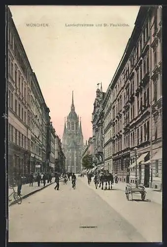 AK München, Landwehrstrasse mit Geschäften und St. Paulikirche